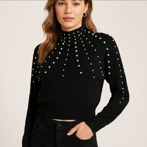 Bebe Womens Black Slightly Cropped Mock Neck Sweater With Pearl Accents M